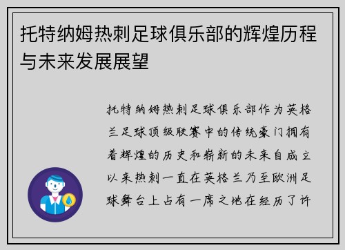 托特纳姆热刺足球俱乐部的辉煌历程与未来发展展望