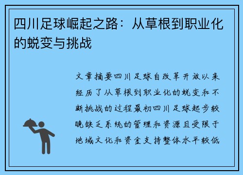 四川足球崛起之路：从草根到职业化的蜕变与挑战