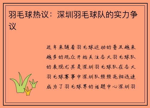 羽毛球热议：深圳羽毛球队的实力争议