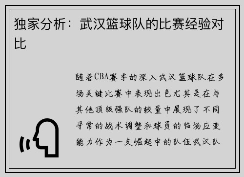 独家分析：武汉篮球队的比赛经验对比