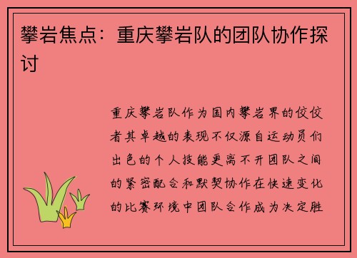 攀岩焦点：重庆攀岩队的团队协作探讨